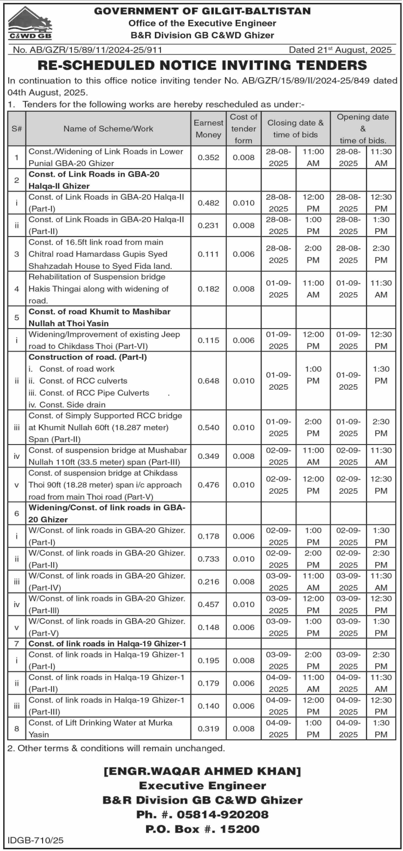 B&R Division Ghizer Tender Notice
